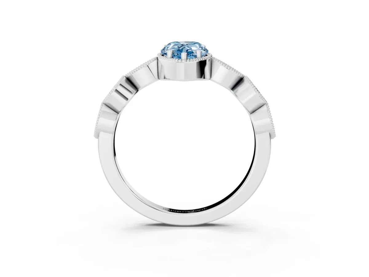 Fancy Blue Pear Cut Diamond Vintage Milgrain Ring with Round Stations White gold