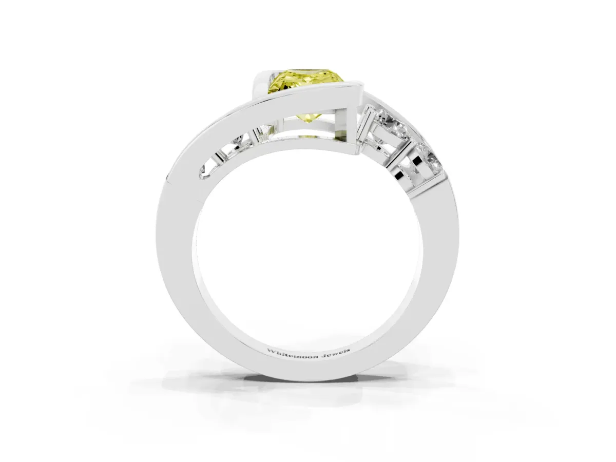 Fancy Yellow Bezel Set Radiant Cut Diamond Bypass Ring with Round Accents Silver