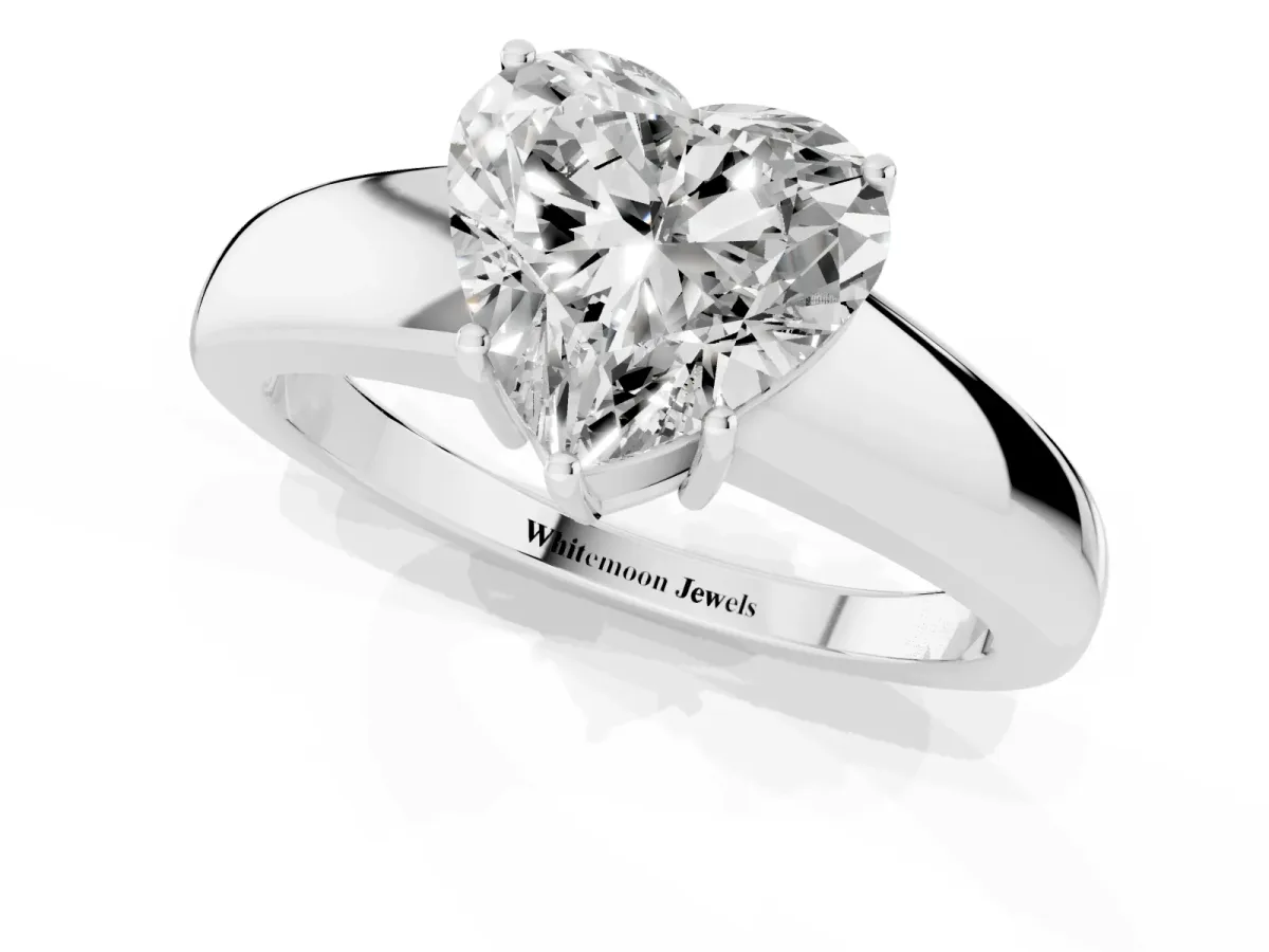 Heart Cut Solitaire Diamond Ring with Tapered Band and Four-Prong Setting White gold