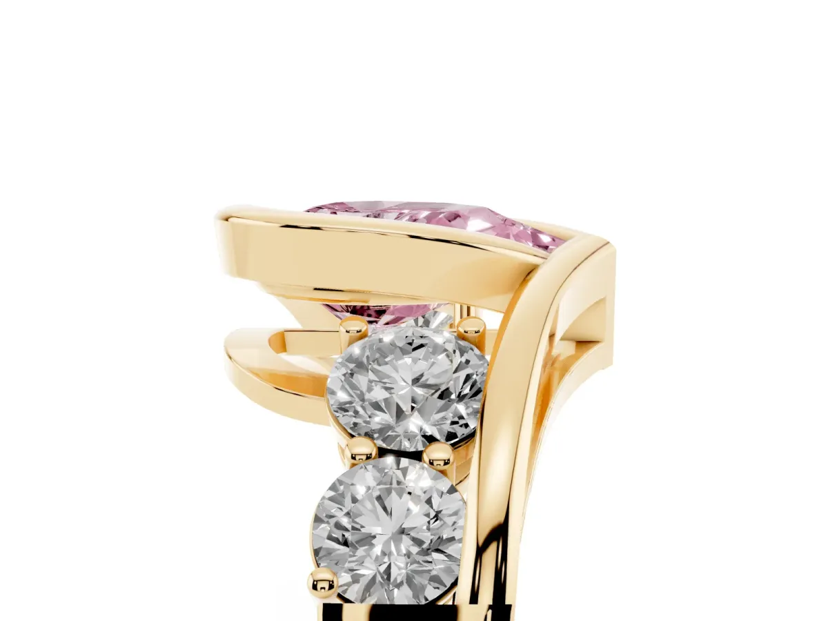 Fancy Pink Bezel Set Pear Cut Diamond Bypass Ring with Round Accents Yellow gold
