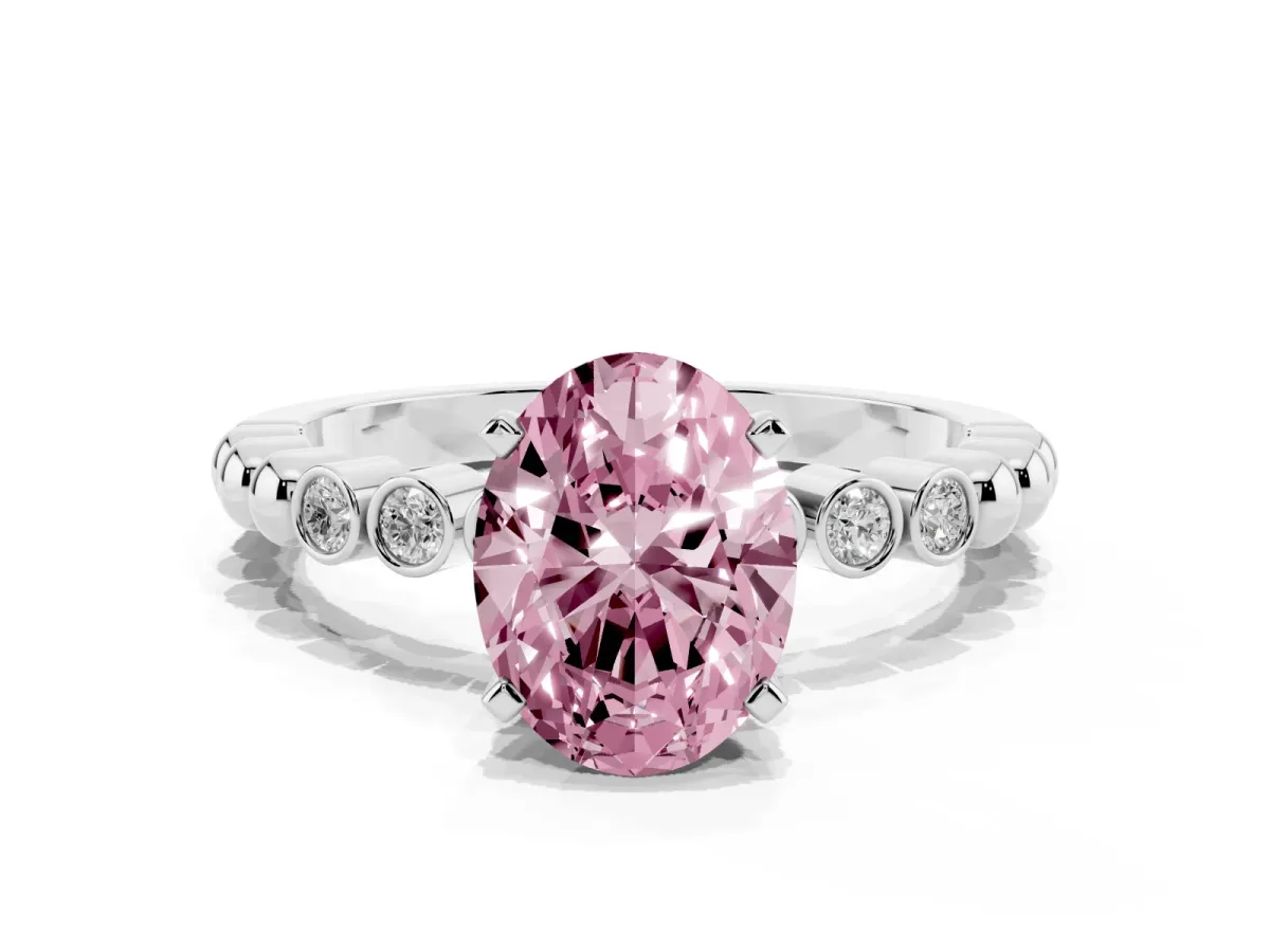 Fancy Pink Oval Cut Solitaire Bezel Accent Diamond Engagement Ring with Beaded Band and Four-Prong Setting Platinum