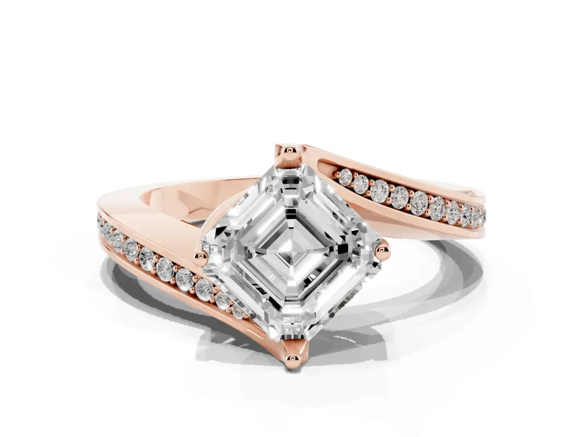 Asscher Cut Solitaire Diamond Twist Band with Pavé Setting and Four-Prong Setting Rose gold