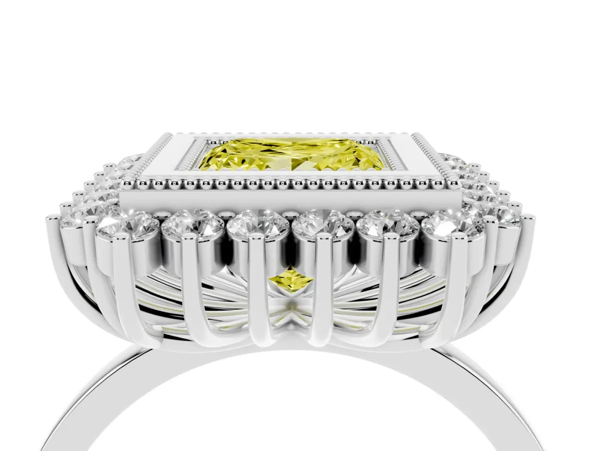 Fancy Yellow Princess Cut Halo Diamond Ring with Milgrain Edge and Round Prong Setting Silver