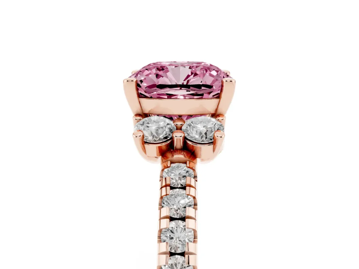 Fancy Pink Cushion Cut Diamond Three-Stone Pave Band with Four-Prong Setting Rose gold