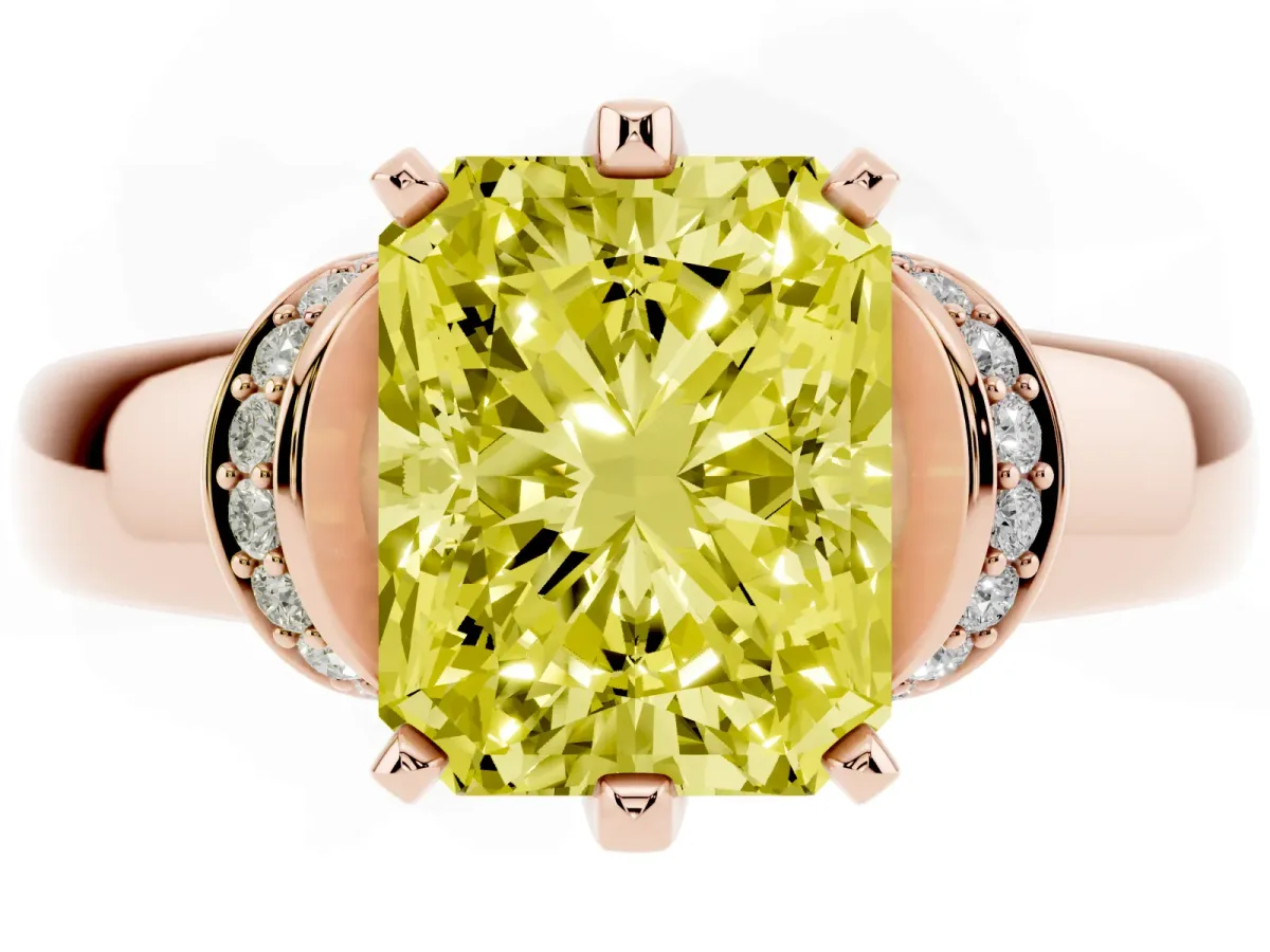 Fancy Yellow Radiant Cut Solitaire Diamond Ring with Pave Band and Six-Prong Setting Rose gold