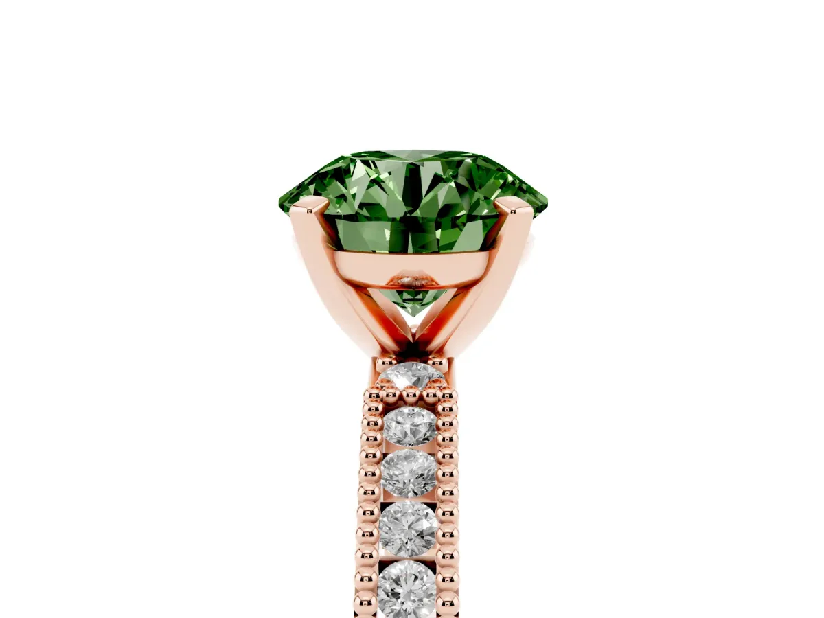 Fancy Green Round Cut Solitaire with Pavé Band and Four-Prong Setting Rose gold