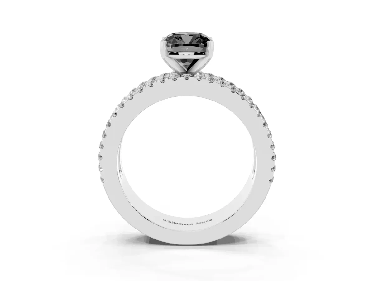 Fancy Black Cushion Cut Diamond Solitaire Ring with Pavé and Channel Set Band Silver