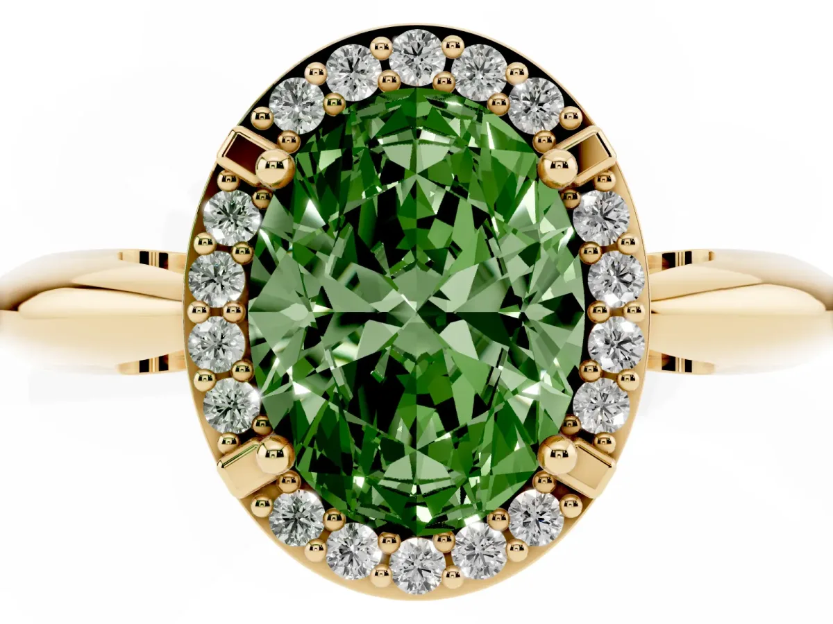 Fancy Green Oval Cut Cut Diamond Halo Engagement Ring with Split Shank and Four-Prong Setting Yellow gold