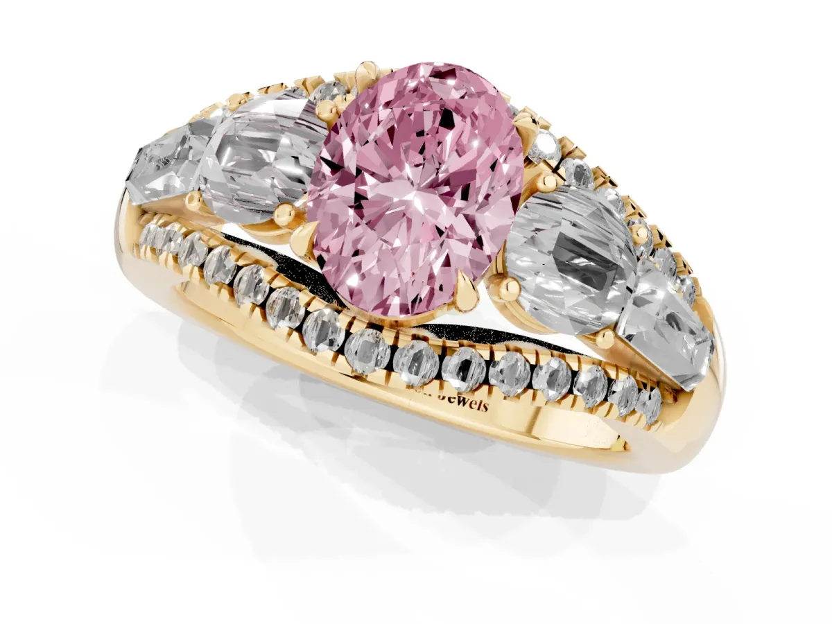 Fancy Pink Three-Stone Oval Cut Diamond Engagement Ring with Pave Band and Prong Setting Yellow gold