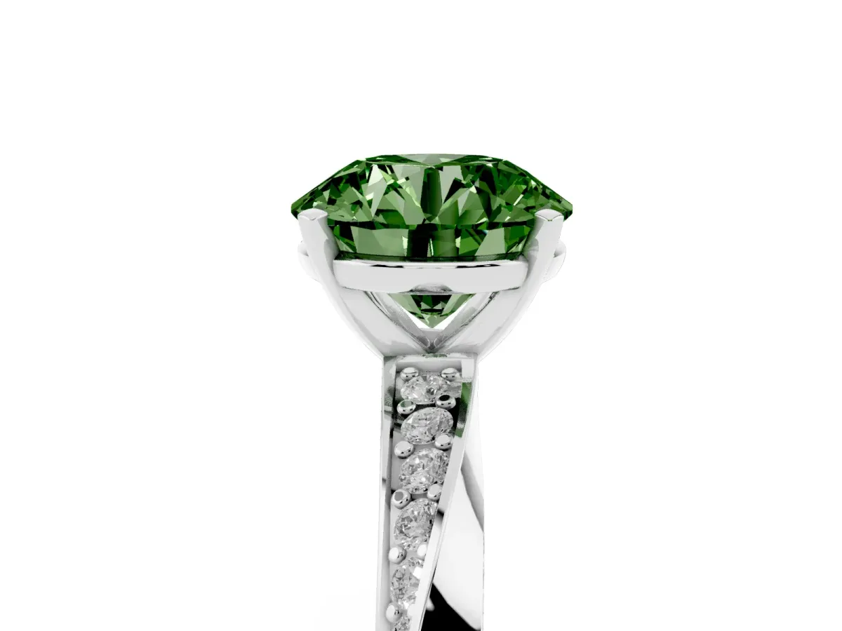 Fancy Green Round Cut Diamond Engagement Ring with Side Stone Accents and Four-Prong Setting White gold