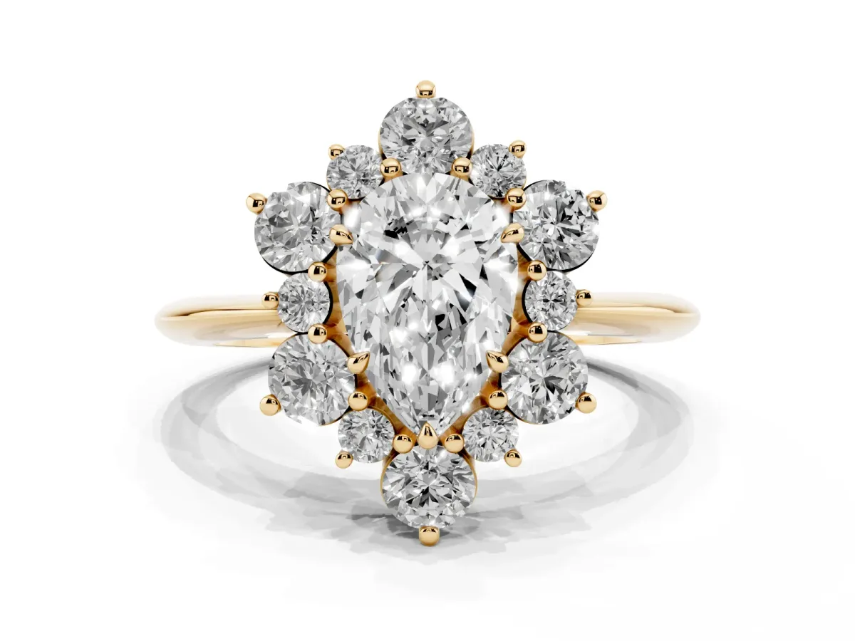 Pear Cut Diamond Cluster Halo Ring with Solitaire Band and Four-Prong Setting Yellow gold