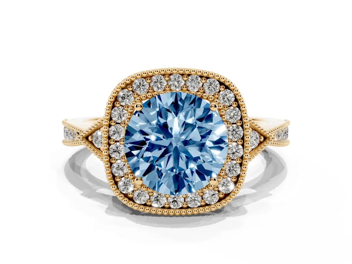 Fancy Blue Round Cut Halo Round Diamond Milgrain Pave Engagement Ring Yellow gold