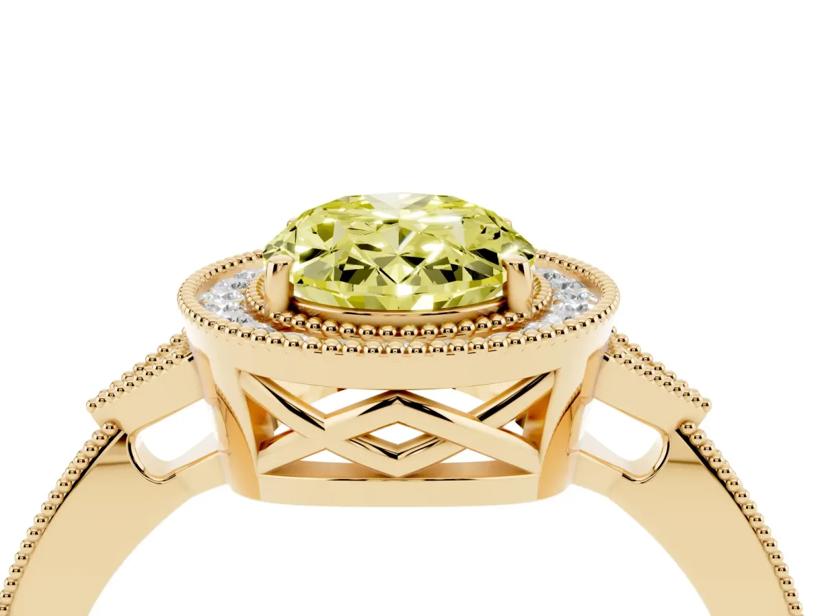 Fancy Yellow Oval Cut Halo Round Diamond Milgrain Pave Engagement Ring Yellow gold