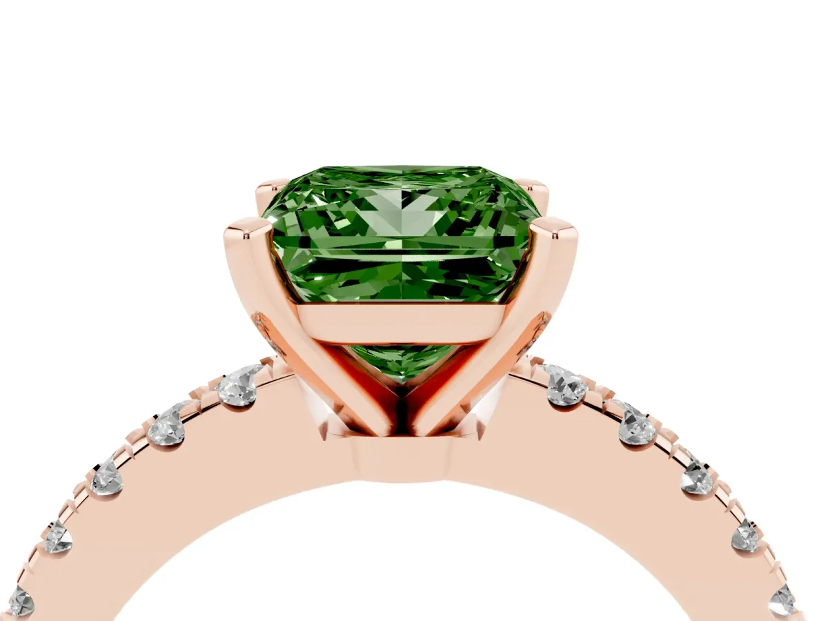 Fancy Green Princess Cut Solitaire Diamond with Pavé Band and Four-Prong Setting Rose gold