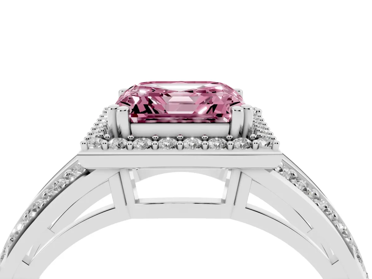Fancy Pink Asscher Cut Diamond Halo Ring with Split Shank Pavé Band and Four-Prong Setting Silver