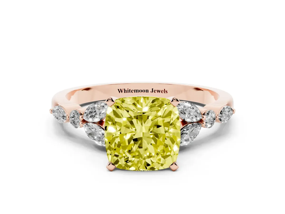 Fancy Yellow Cushion Cut Diamond Solitaire Ring with Side Stones and Four-Prong Setting Rose gold