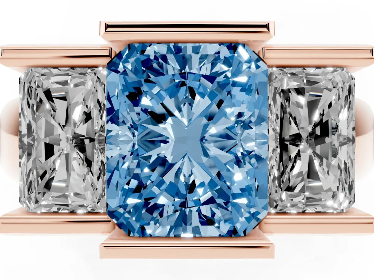 Fancy Blue Three Stone Radiant Cut Cut Channel Set Diamond Ring Rose gold