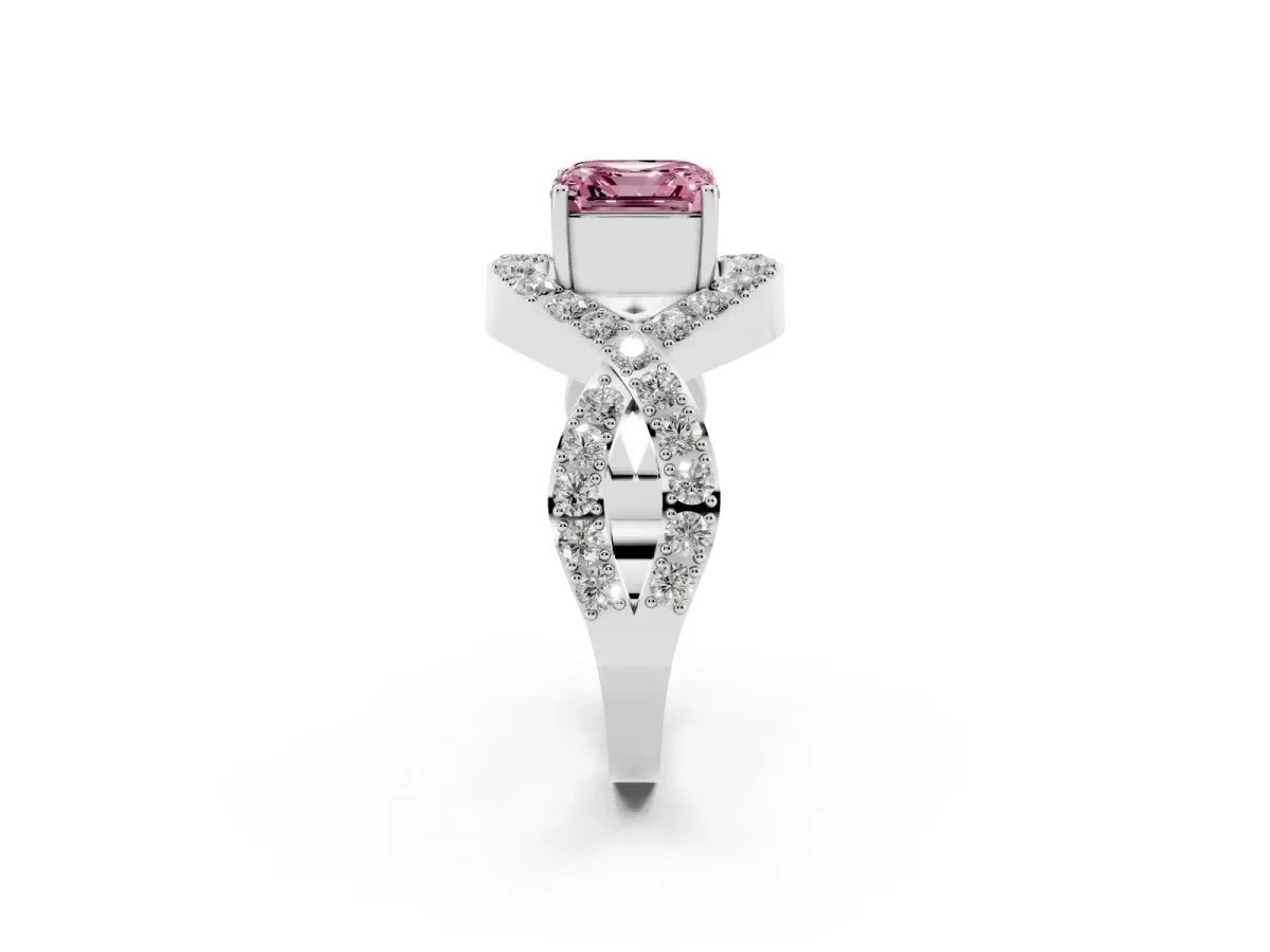 Fancy Pink Asscher Cut Solitaire Twist Band Pavé Diamond Engagement Ring Platinum