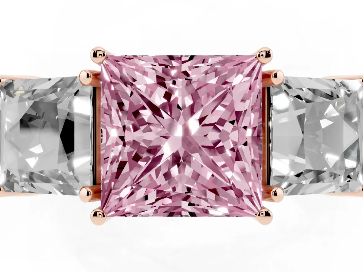 Fancy Pink Three-Stone Princess Cut Cut Milgrain Pavé Engagement Ring Rose gold