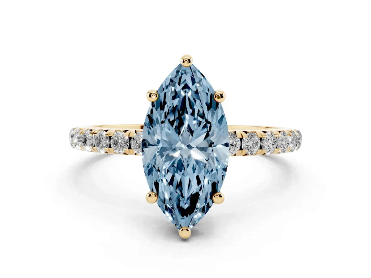 Fancy Blue Marquise Cut Cut Diamond Solitaire Ring with Micro Pave Band and Four Prong Setting Yellow gold