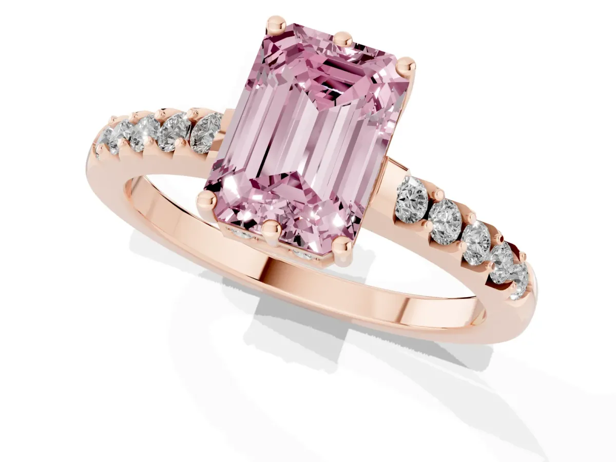 Fancy Pink Emerald Cut Solitaire Diamond Engagement Ring with Pavé Band and Six-Prong Setting Rose gold