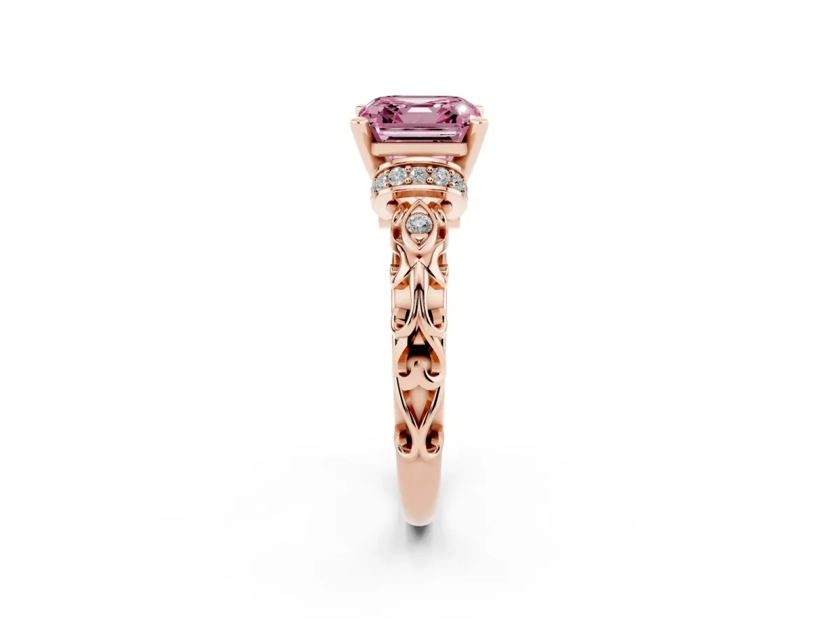 Fancy Pink Asscher Cut Diamond Solitaire Ring with Filigree Band and Four-Prong Setting Rose gold