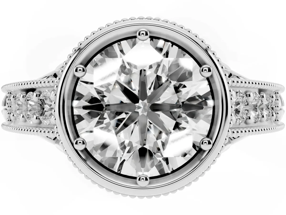 Bezel Set Round Cut Diamond Milgrain Pave Engagement Ring Silver