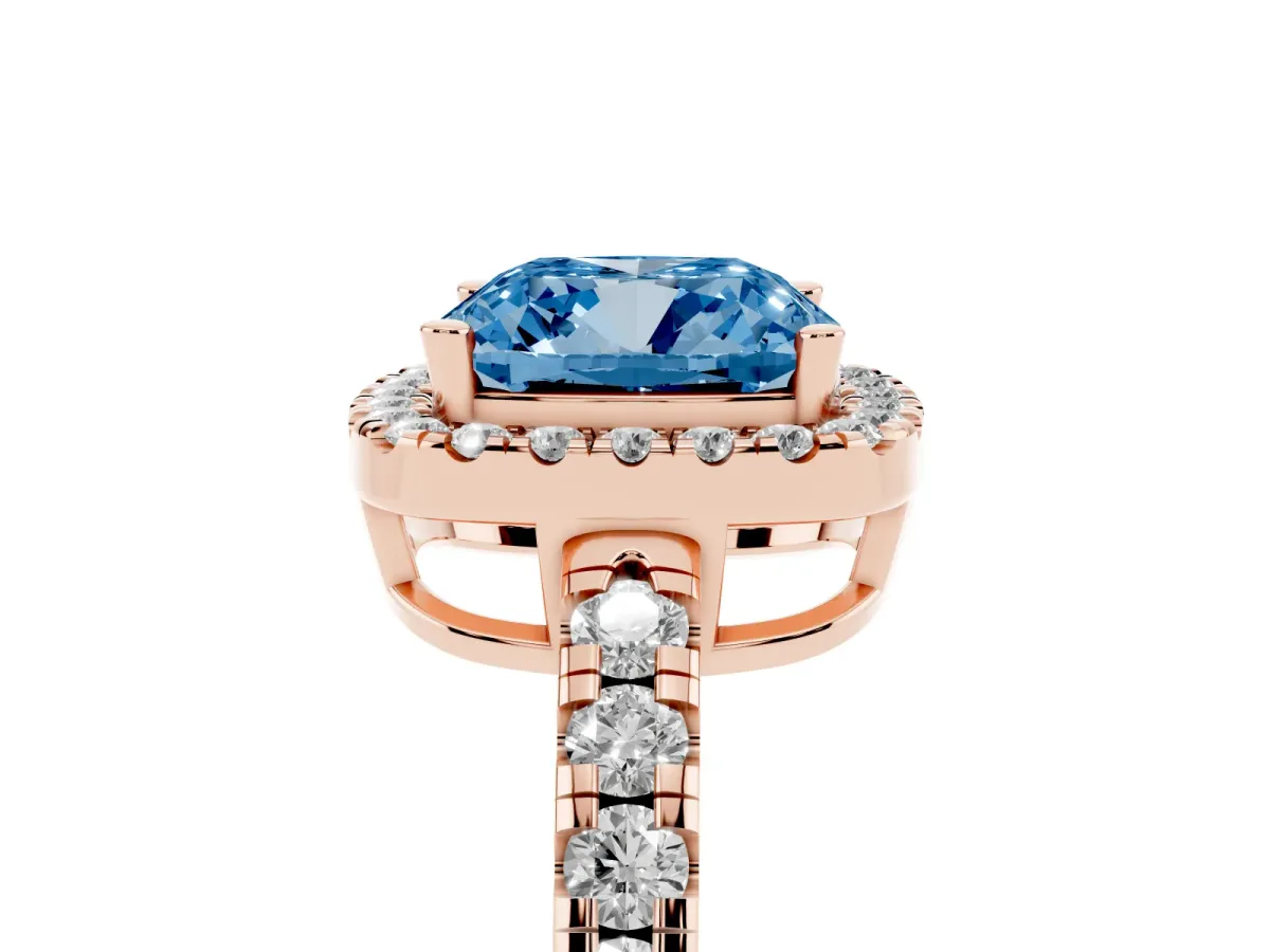 Fancy Blue Cushion Cut Diamond Halo Ring with Pavé Band and Four-Prong Setting Rose gold