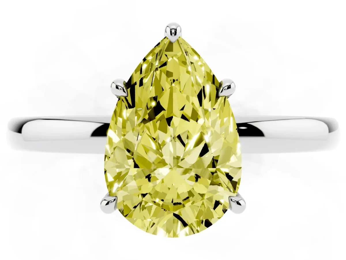 Fancy Yellow Pear Cut Solitaire Engagement Ring with Cathedral Band and Four-Prong Setting Silver