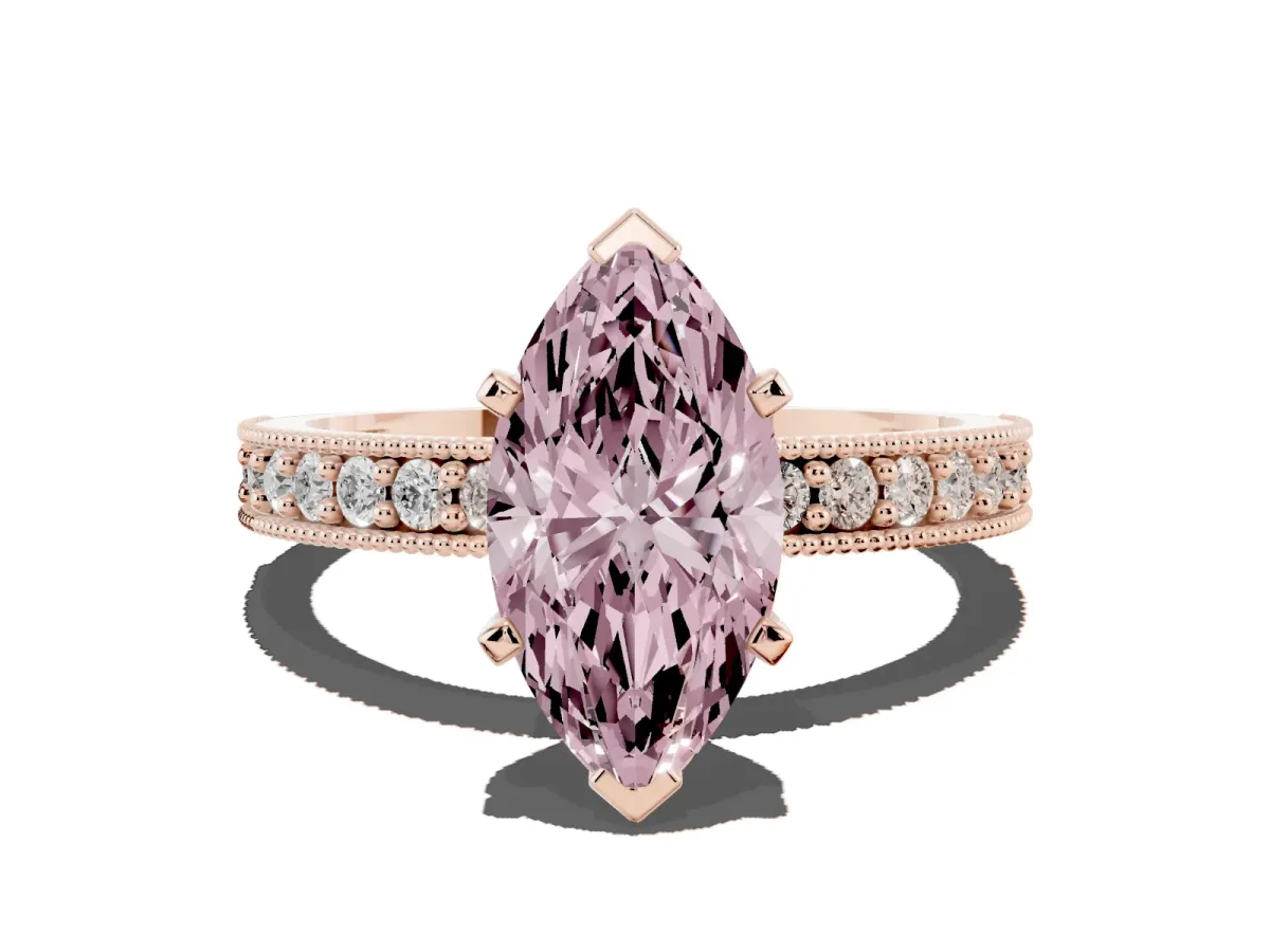 Fancy Pink Marquise Cut Diamond Milgrain Pavé Engagement Ring with Four-Prong Setting Rose gold