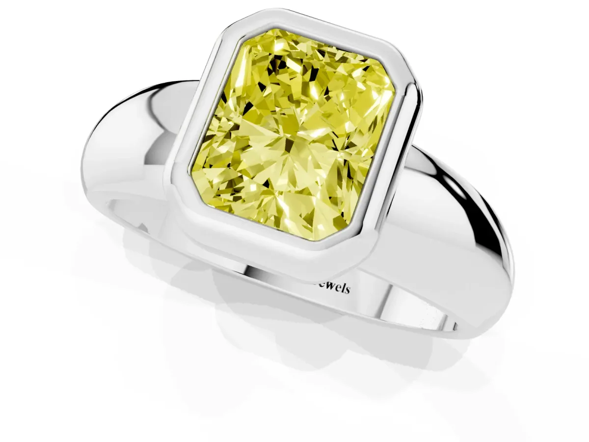 Fancy Yellow Bezel Set Radiant Cut Solitaire Ring with Wide Band Silver