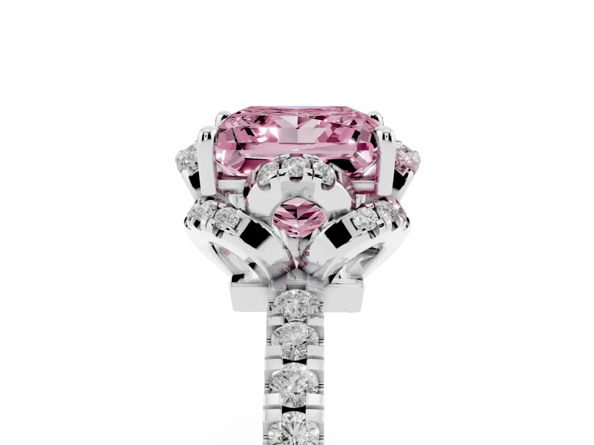 Fancy Pink Princess Cut Diamond Halo Pave Band with Four-Prong Setting Platinum