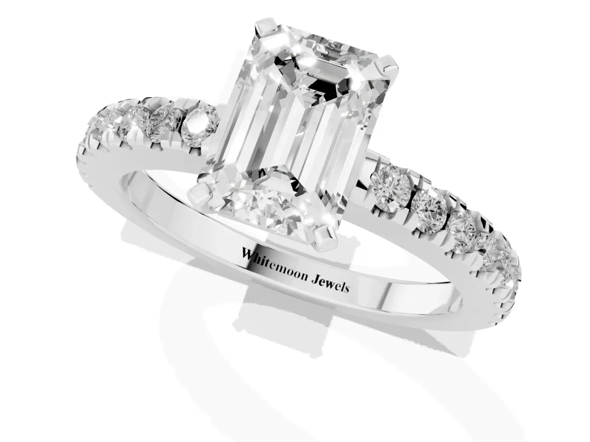 Emerald Cut Solitaire Diamond with Pavé Band and Four-Prong Setting Silver