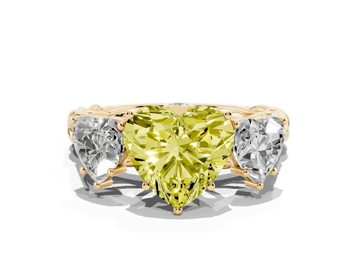 Fancy Yellow Three-Stone Heart Cut Diamond Braided Band Ring with Four-Prong Setting Yellow gold