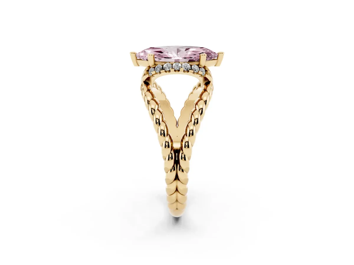 Fancy Pink Marquise Cut Halo Twisted Band Four-Prong Ring Yellow gold
