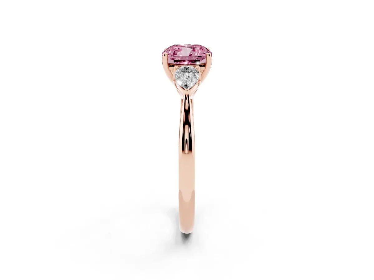 Fancy Pink Cushion Cut Diamond Three-Stone Ring with Pear Side Stones and Prong Setting Rose gold