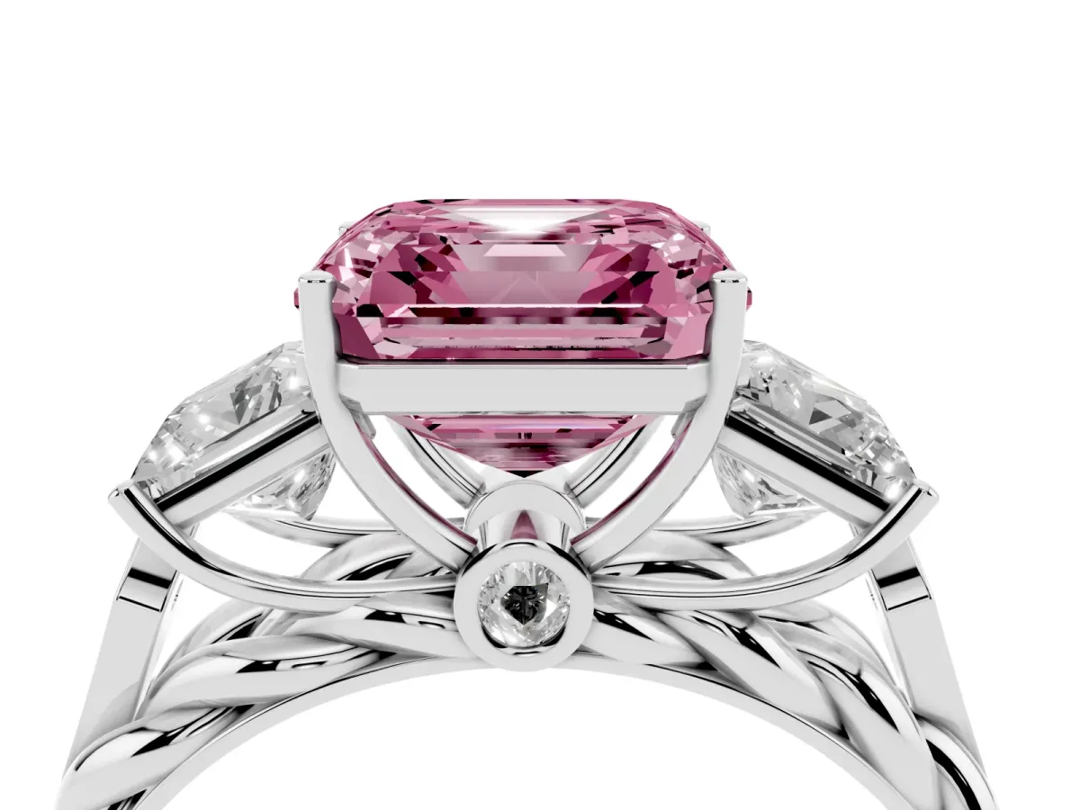 Fancy Pink Three-Stone Asscher Cut Diamond Braided Band Ring with Four-Prong Setting Platinum