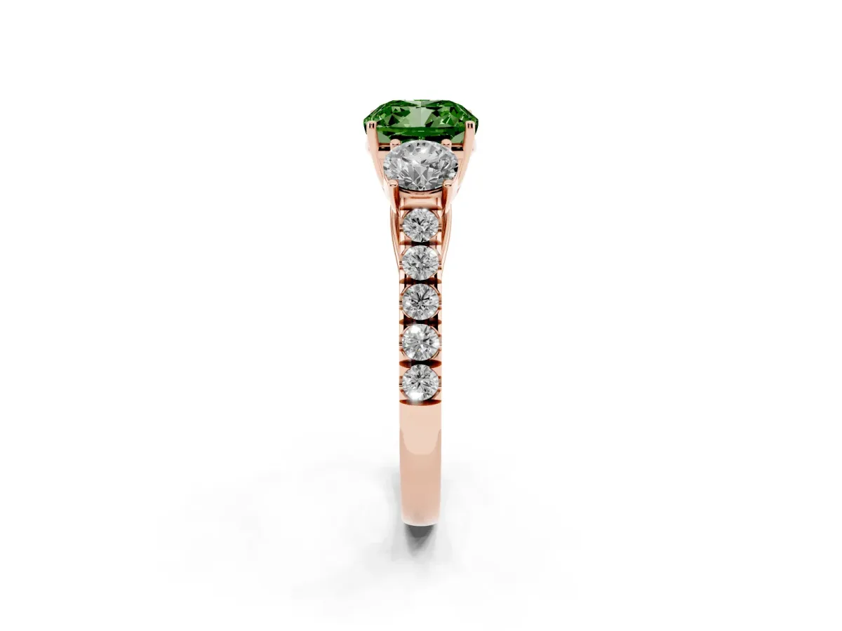 Fancy Green Cushion Cut Cut Diamond Three-Stone Ring with Round Side Stones and Pavé Band Rose gold