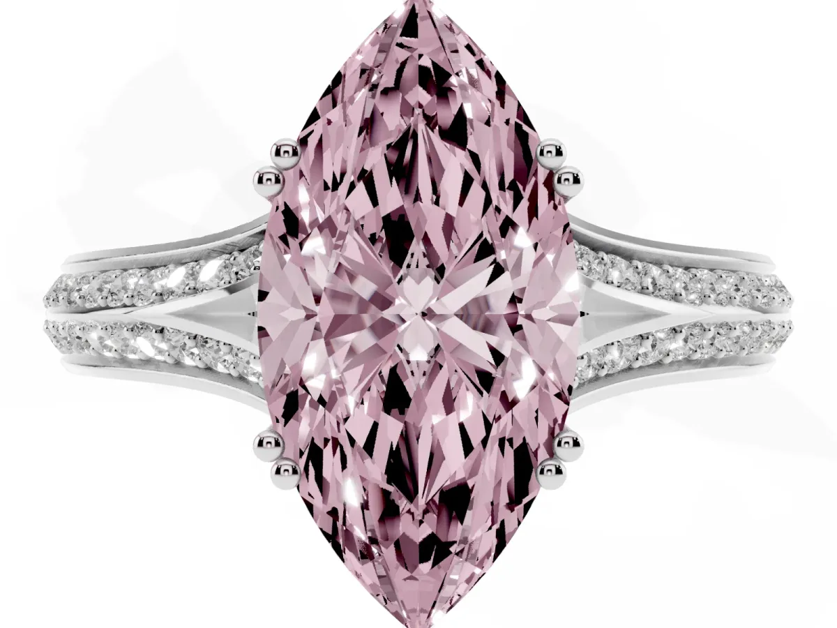 Fancy Pink Marquise Cut Diamond Split Shank Engagement Ring with Pavé Band Silver