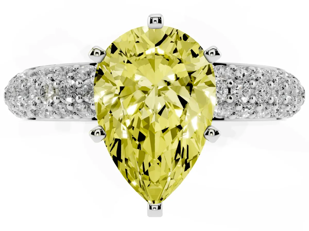 Fancy Yellow Pear Cut Diamond Solitaire Ring with Prong Setting and Pavé Band Silver
