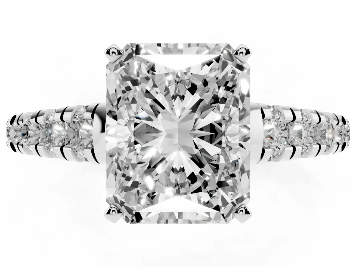 Radiant Cut Diamond Cathedral Solitaire Ring with Round Pavé Band Platinum