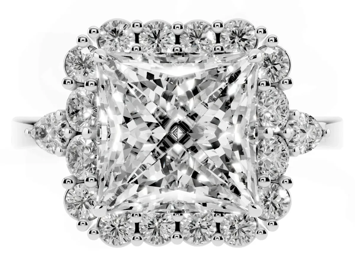 Princess Cut Diamond Halo Ring with Pear Side Stones and Prong Setting Silver