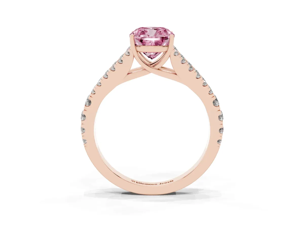 Fancy Pink Cushion Cut Diamond Split Shank Engagement Ring with Round Pavé and Prong Setting Rose gold