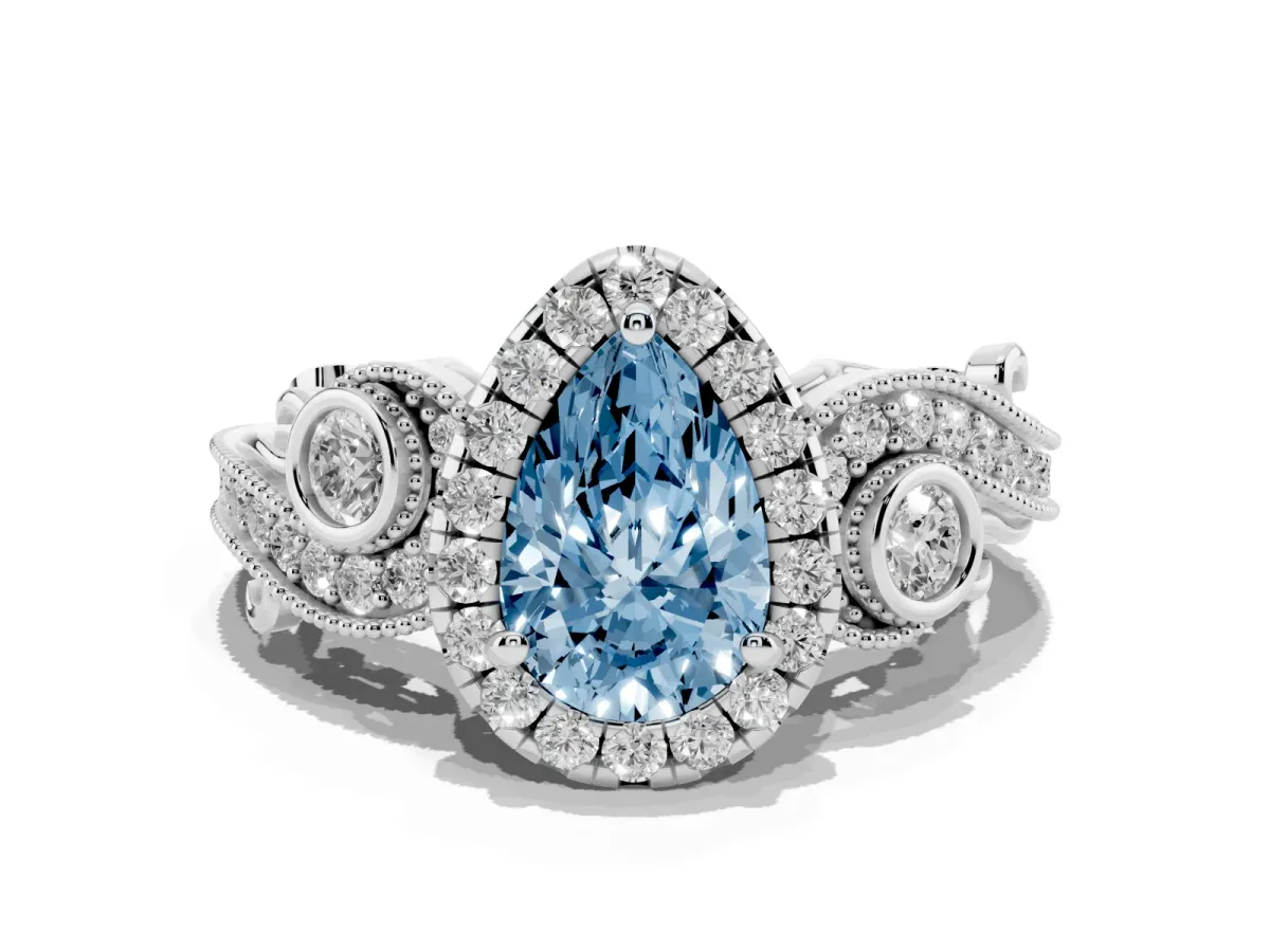 Fancy Blue Pear Cut Halo Diamond Ring with Milgrain and Bezel Accents on a Split Shank Band White gold