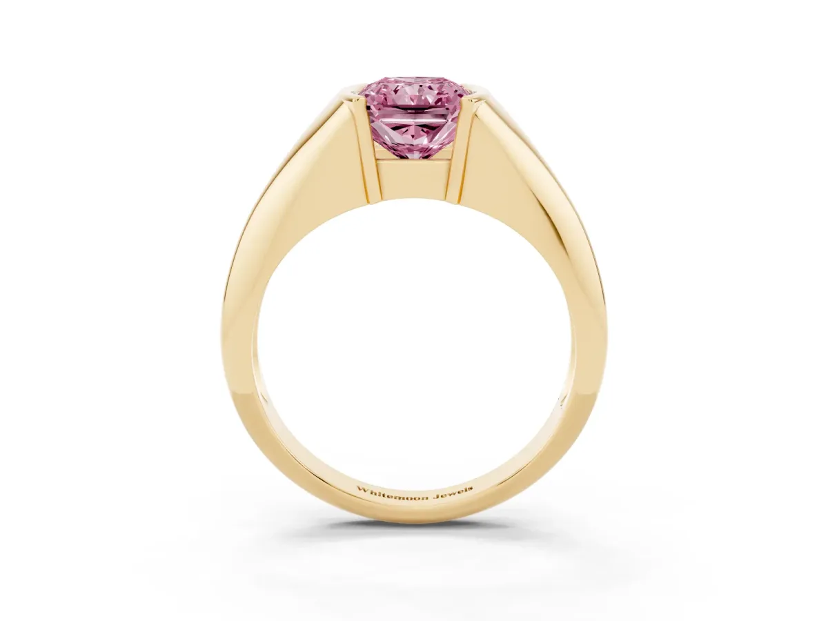 Fancy Pink Radiant Cut Solitaire Tension Set Diamond Ring Yellow gold