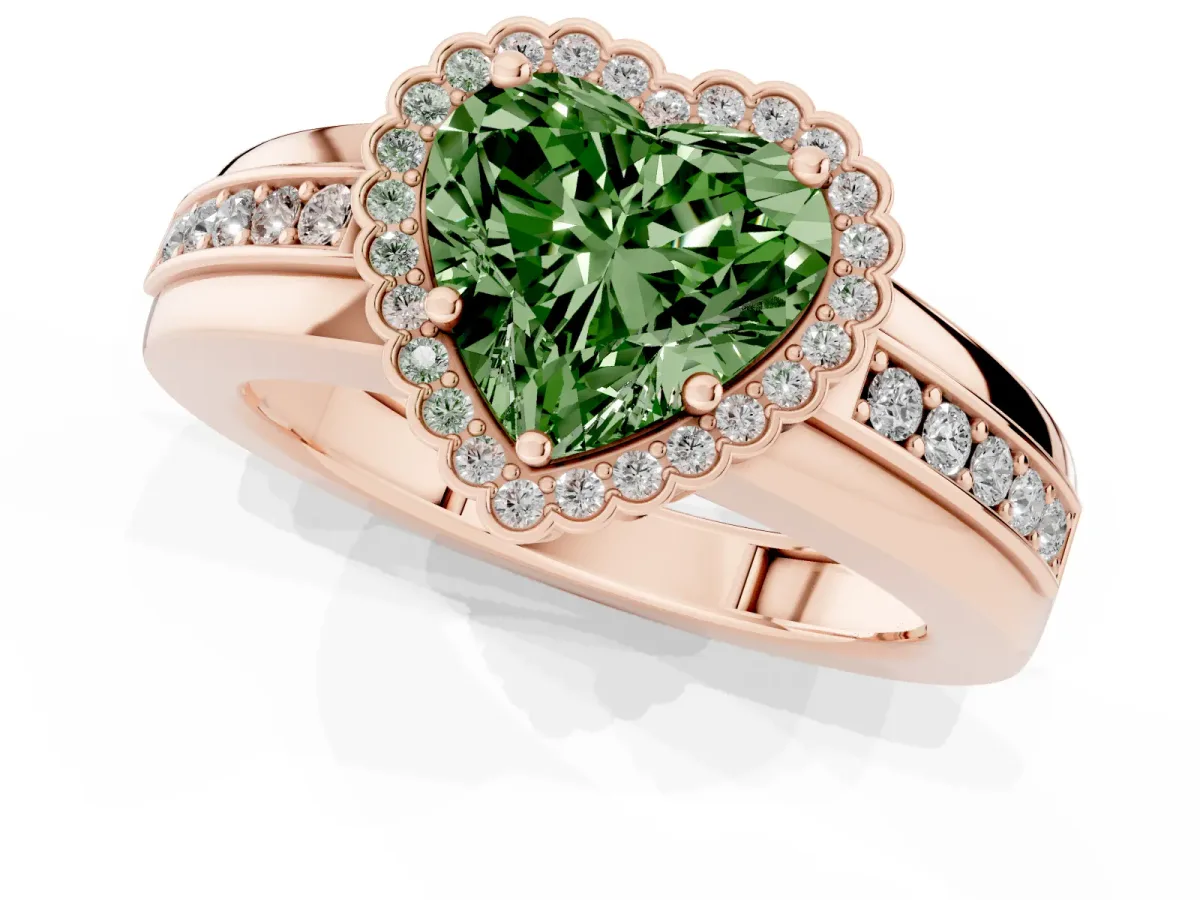 Fancy Green Heart Cut Cut Halo Pave Band Four-Prong Ring Rose gold