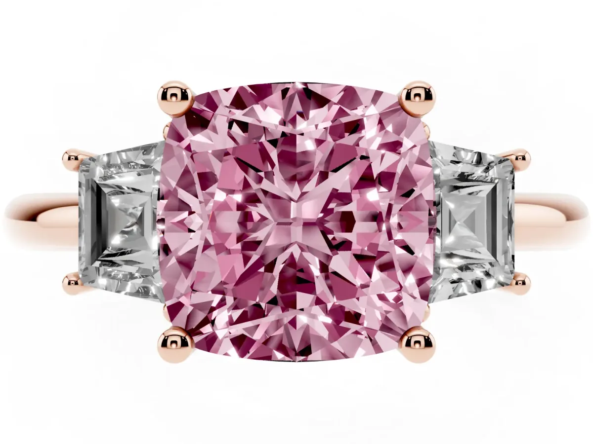 Fancy Pink Cushion Cut Diamond Three-Stone Ring with Trapezoid Side Stones and Prong Setting Rose gold