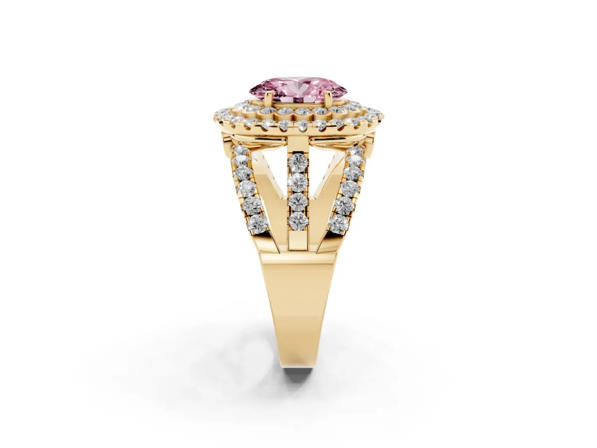 Fancy Pink Oval Cut Diamond Double Halo Ring with Round Pavé Split Shank and Prong Setting Yellow gold