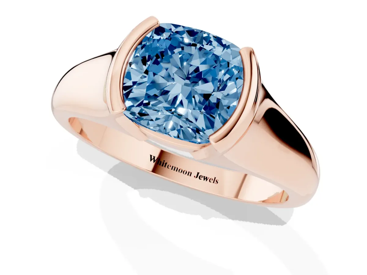 Fancy Blue Cushion Cut Solitaire Tension Set Diamond Ring with Split Shank Band Rose gold