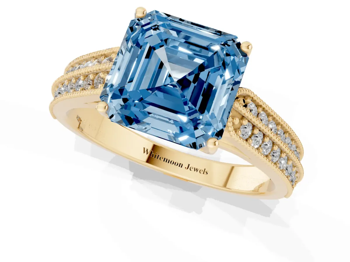 Fancy Blue Asscher Cut Cut Pave Split Shank Engagement Ring with Four-Prong Setting Yellow gold
